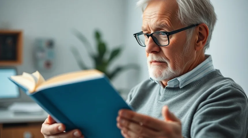 Мужчина 50 лет отодвигает книгу, чтобы разглядеть текст — возрастная дальнозоркость