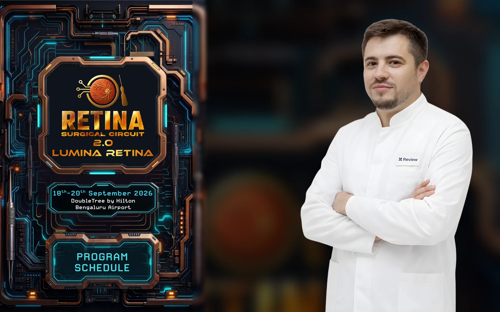 Афиша конференции LUMINA RETINA 2026 и главный врач клиники «Ревью» Алексей Кодунов