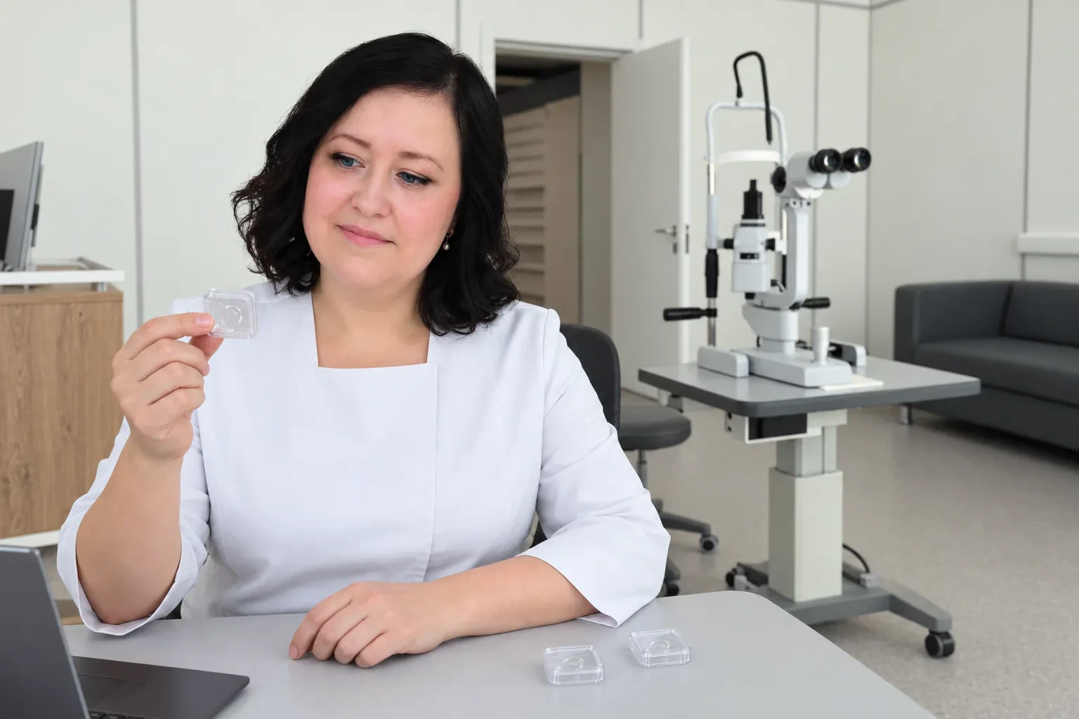 Офтальмолог Окунева Марина Владимировна рассматривает искусственный хрусталик в футляре в кабинете клиники «Ревью»